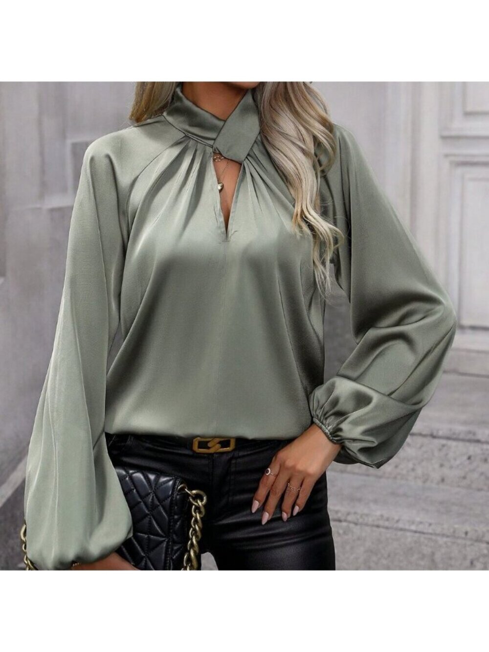 sage Green Party Women's Elegant Lantern Sleeve Blouse